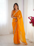 Flora Yellow Floral Embellished Net Saree with Gold Border