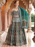 Emerald Green Ajrakh Print Lehenga Set with Off-Shoulder Puff Sleeve Blouse