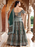 Emerald Green Ajrakh Print Lehenga Set with Off-Shoulder Puff Sleeve Blouse