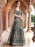Emerald Green Ajrakh Print Lehenga Set with Off-Shoulder Puff Sleeve Blouse