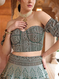 Emerald Green Ajrakh Print Lehenga Set with Off-Shoulder Puff Sleeve Blouse