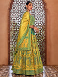 Lime Yellow Ajrakh Print Lehenga Set with Off-Shoulder Puff Sleeve Blouse