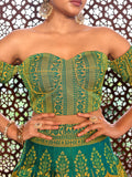 Lime Yellow Ajrakh Print Lehenga Set with Off-Shoulder Puff Sleeve Blouse
