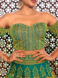 Lime Yellow Ajrakh Print Lehenga Set with Off-Shoulder Puff Sleeve Blouse