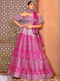 Magenta & Lavender Ajrakh Print Lehenga Set with Puff Sleeve Blouse