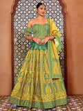 Lime Yellow Ajrakh Print Lehenga Set with Off-Shoulder Puff Sleeve Blouse