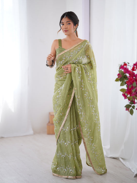 Galaxy Green Organza Saree with Silver Sequin Embroidery