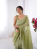 Galaxy Green Organza Saree with Silver Sequin Embroidery