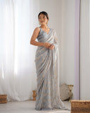 Gray Pleated Georgette Saree with Subtle Golden Zigzag Pattern Minimalist Partywear Saree