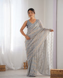 Gray Pleated Georgette Saree with Subtle Golden Zigzag Pattern Minimalist Partywear Saree