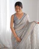Gray Pleated Georgette Saree with Subtle Golden Zigzag Pattern Minimalist Partywear Saree