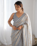 Gray Pleated Georgette Saree with Subtle Golden Zigzag Pattern Minimalist Partywear Saree