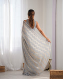 Gray Pleated Georgette Saree with Subtle Golden Zigzag Pattern Minimalist Partywear Saree