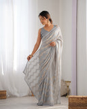 Gray Pleated Georgette Saree with Subtle Golden Zigzag Pattern Minimalist Partywear Saree