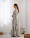 Gray Pleated Georgette Saree with Subtle Golden Zigzag Pattern Minimalist Partywear Saree