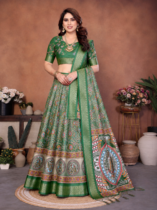 Green Banarasi Silk Half Saree Lehenga Choli, South Indian Langa Voni Set