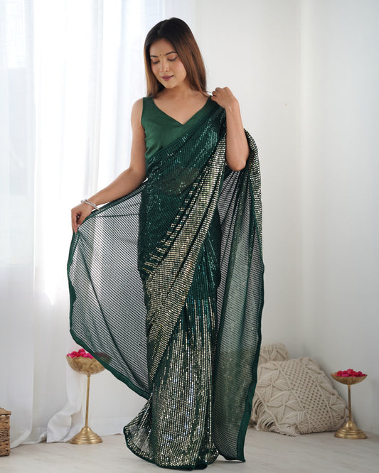 Emerald Green Sequin Saree – Glamorous Designer Partywear Saree