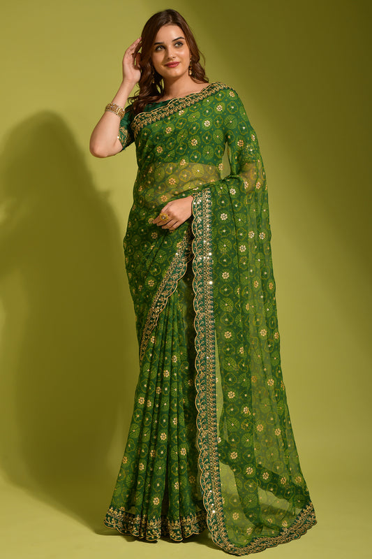 Royal Envy Green Saree with Gold Foil Buti & Lace Border