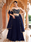 Elegant Navy Blue Georgette Lehenga with Embroidered Bustier & Dupatta