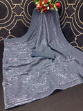 Midnight Noir Grey Sequin Georgette Saree For Women