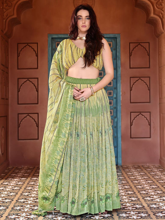 Anika Parrot Green Printed Pleated Lehenga Set with Draped Blouse