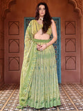 Anika Parrot Green Printed Pleated Lehenga Set with Draped Blouse