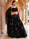 Noir Bloom Black Lehenga Set with Printed Skirt & Cowl Neck Blouse
