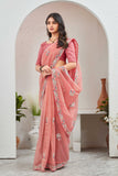 Elegant Peach Organza Saree with Floral Embroidered Border