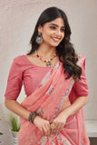 Elegant Peach Organza Saree with Floral Embroidered Border