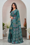 Traditional Bandhani Style Green Printed Saree with Multicolor Geometric Design