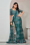 Traditional Bandhani Style Green Printed Saree with Multicolor Geometric Design