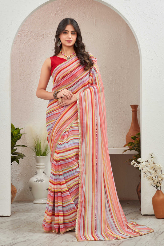 Multicolor Pastel Striped Saree with Subtle Gold Border Elegant Daily & Festive Wear