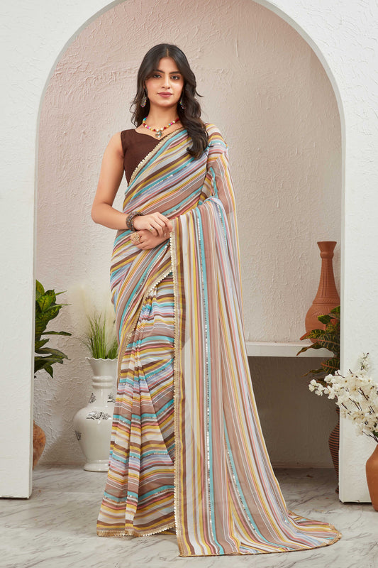 Multicolor Pastel Striped Saree with Subtle Gold Border Elegant Daily & Festive Wear