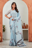 Elegant Sky Blue Floral Printed Saree with Polka Dot Blouse