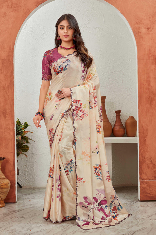 Woman wearing a floral saree in a decorative setting with vases and plants Glanzavi