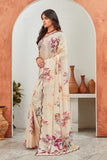 Elegant Beige Floral Printed Saree with Contrast Blouse