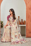 Elegant Beige Floral Printed Saree with Contrast Blouse