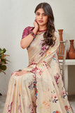 Elegant Beige Floral Printed Saree with Contrast Blouse