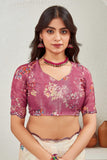 Elegant Beige Floral Printed Saree with Contrast Blouse