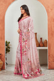 Rose Pink Satin Saree with Magenta Floral Border & Embroidered Blouse
