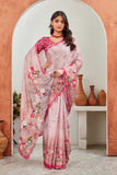 Rose Pink Satin Saree with Magenta Floral Border & Embroidered Blouse