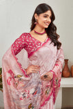 Rose Pink Satin Saree with Magenta Floral Border & Embroidered Blouse