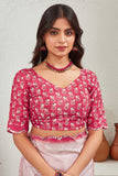 Rose Pink Satin Saree with Magenta Floral Border & Embroidered Blouse