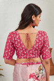 Rose Pink Satin Saree with Magenta Floral Border & Embroidered Blouse