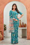 Elegant Teal Printed Saree with Designer Pallu and Blouse