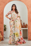 Bold Bloom Floral Print Saree with Embroidered Border & Designer Blouse