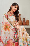 Bold Bloom Floral Print Saree with Embroidered Border & Designer Blouse