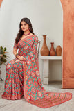 Traditional Red & Green Geometric Printed Saree with Matching Blouse