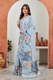 Elegant Sky Blue Printed Georgette Saree with Clock and Floral Design