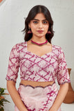 Blush Pink Floral Printed Saree with Maroon Tie-Dye Blouse